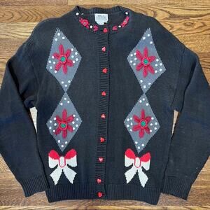 VTG 90s Heres A Hug Embroidered Cardigan Sweater Womens M Cottage Hearts Bows